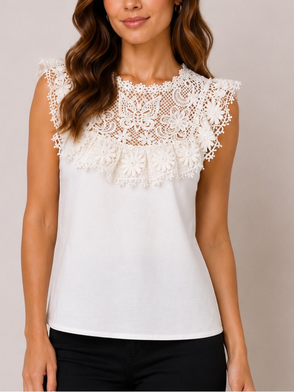 Red Valentino Lace Bib Detail Ivory Sleeveless Top